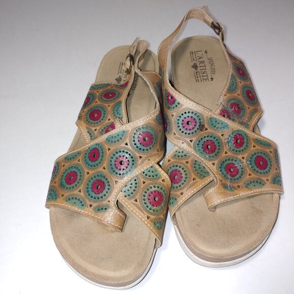 L'Artiste by Spring Step Erice Slingback Sandals Size 10.5/11 Tan Blue - Picture 2 of 9